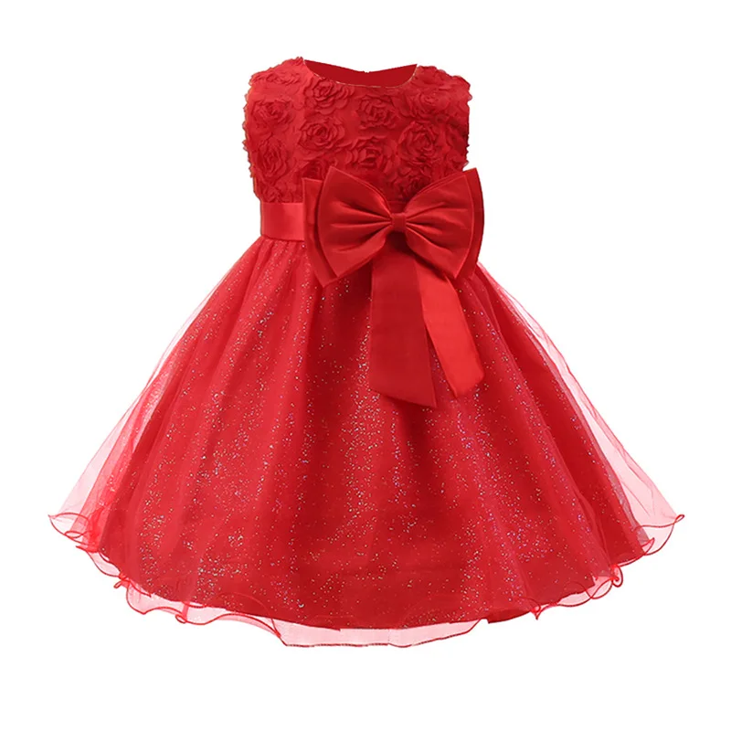 Christmas Dress For Girls Shiny Red Dress Children's Girly Dresses Flower Bowknot Elegant Party Dresses Princess Birthday Dress