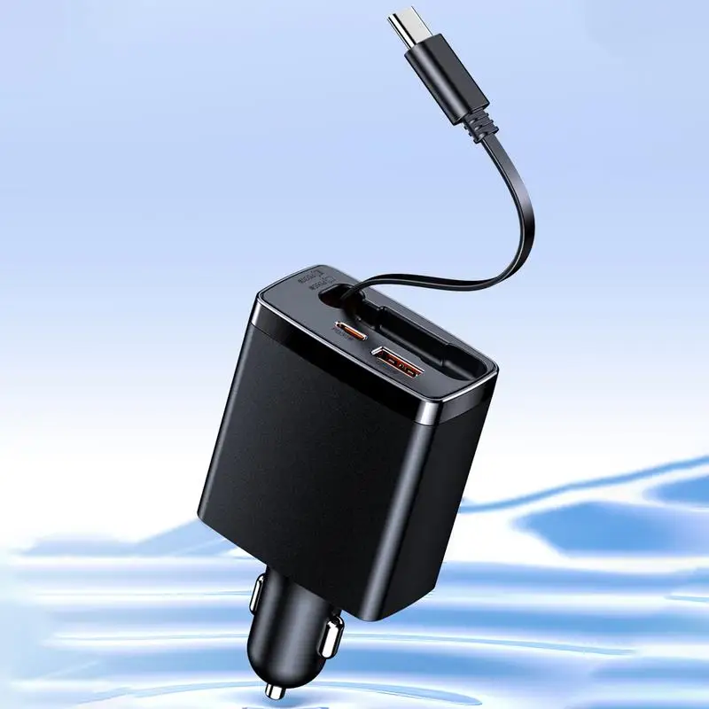 Type C Car Charger Fast Charging 125W Super Fast Car Charger Cell Phone Automobile Chargers Retractable Type C Cable USB & USB C