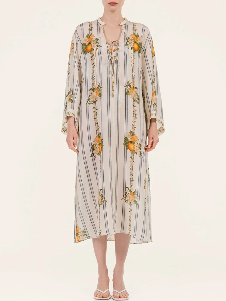 Spring Summer Fashion Vintage Casual Striped Floral Print Midi Dress Women's Flounces O-Neck Long Sleeve Loose Long Dresses