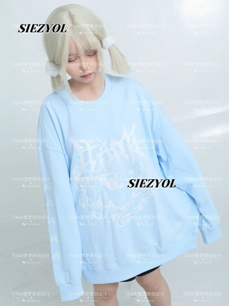 Spring and Autumn New Subculture Niche Mass Production Commuter Daily Long Sleeve Sweatshirt Japanese Couple Blue Pullover