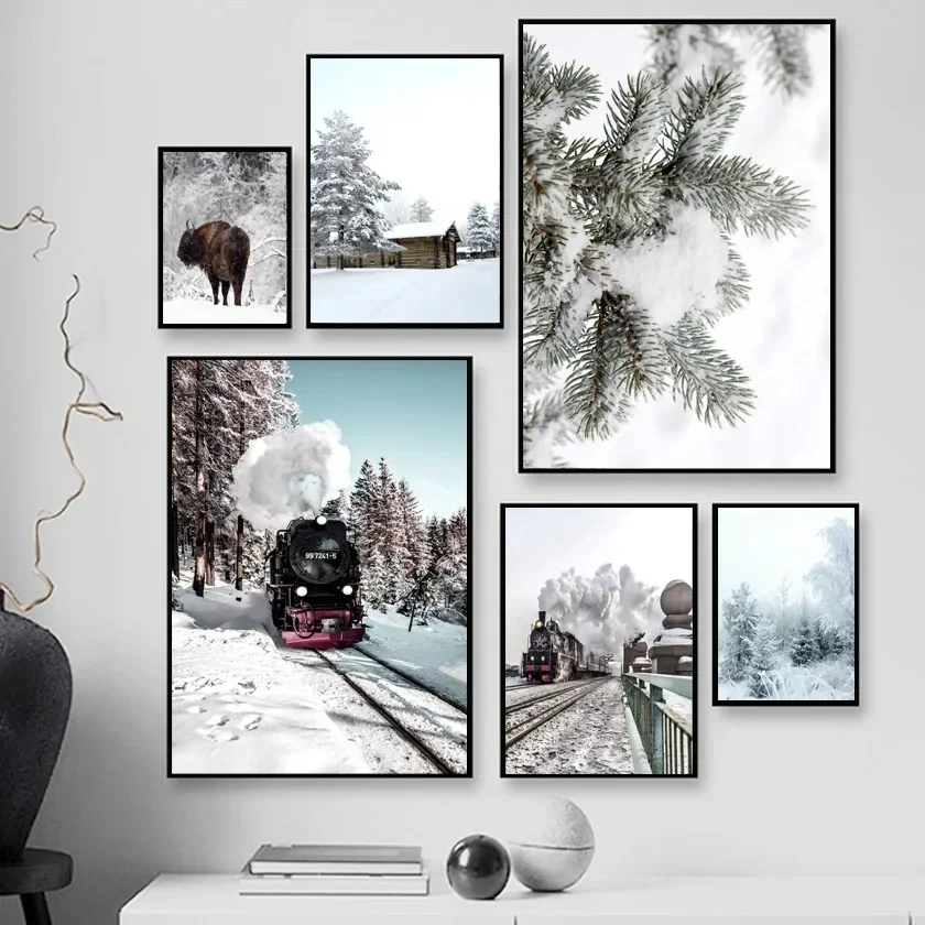 Winter Snowy Forest Pine Highland Cow Wall Art Oil Painting Nordic Posters and Prints Living Room Home Decoration Wall Painting