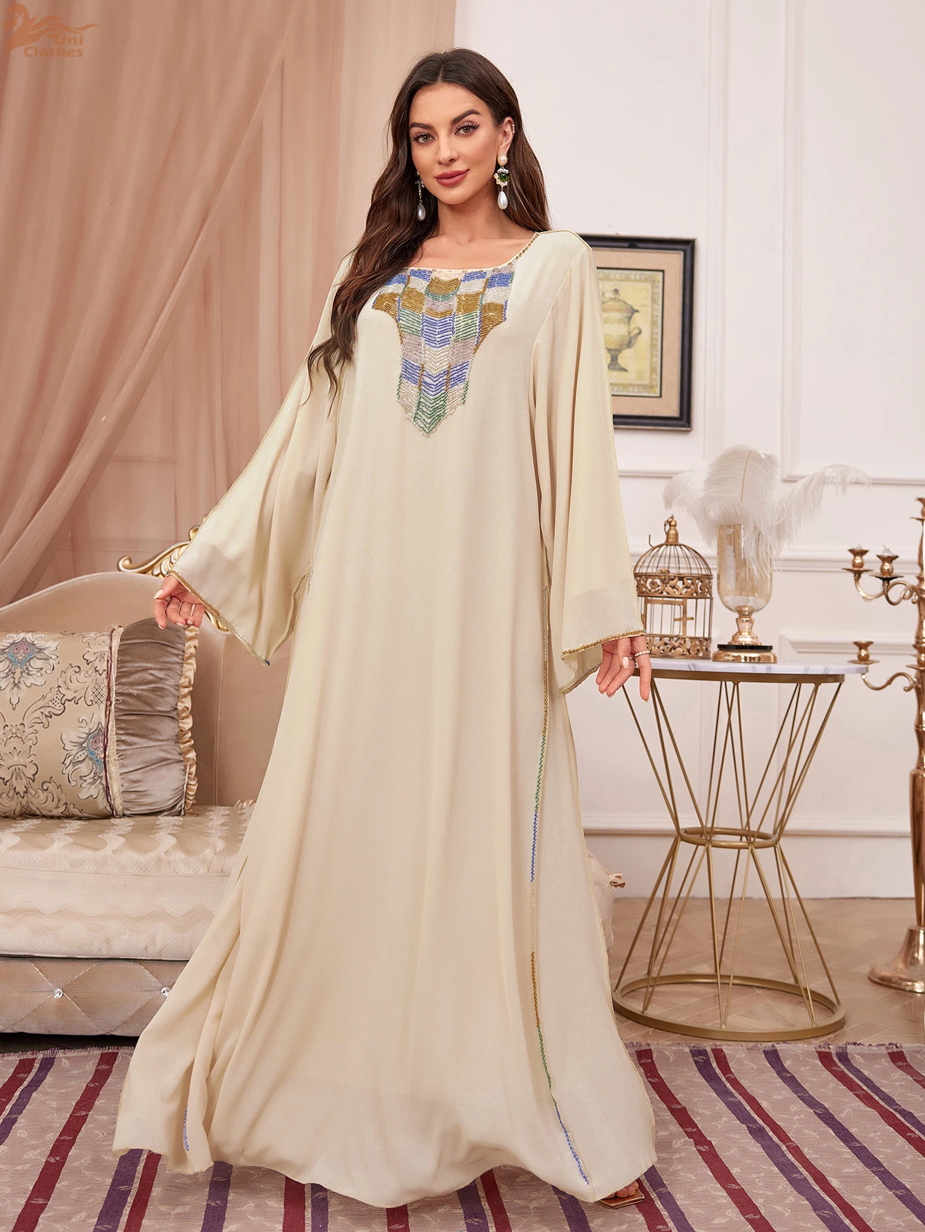 Eid Party Dress Women Abaya 2024 Ramadan Moroccan Kaftan Dubai Luxurious Beads Dresses Elegant Long Sleeve Islam Turkey Abayas