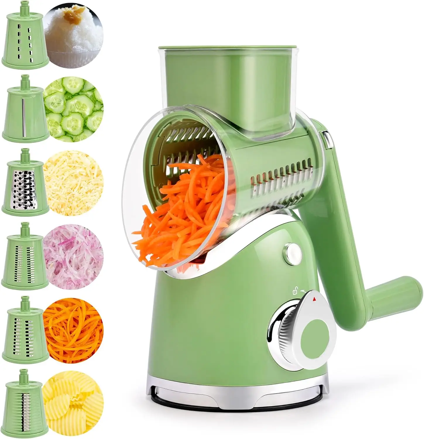 

Rotary Cheese Grater with Handle, Vegetable Slicer with 6 Blades, Suction Base, Easy Clean Kitchen Chopper for Fruits and Nuts
