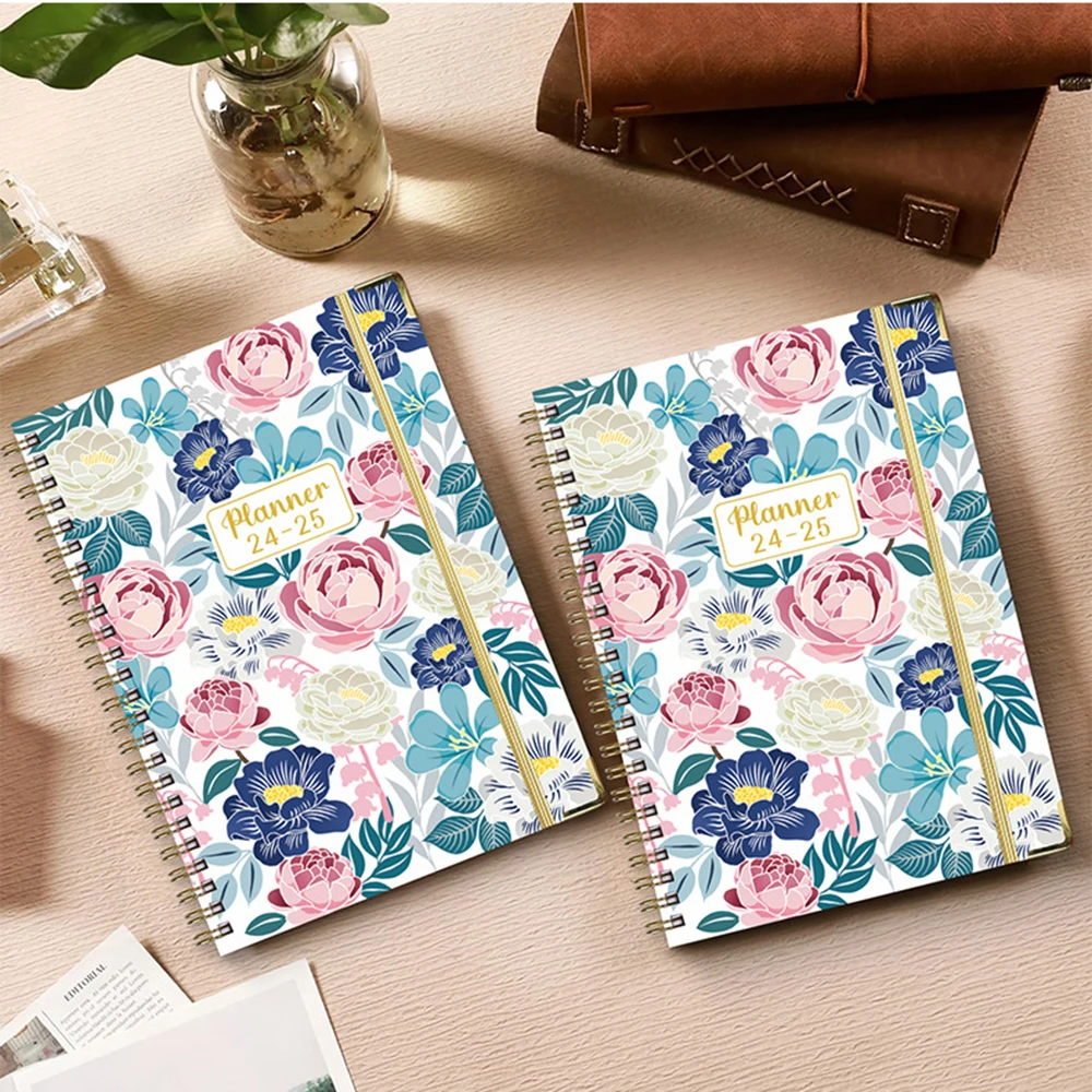 Colorful Flower Pattern Notebook English Notebook 2024-2025 Plan Weekly Monthly Note Book A5 Binder Coil Diary Stationery