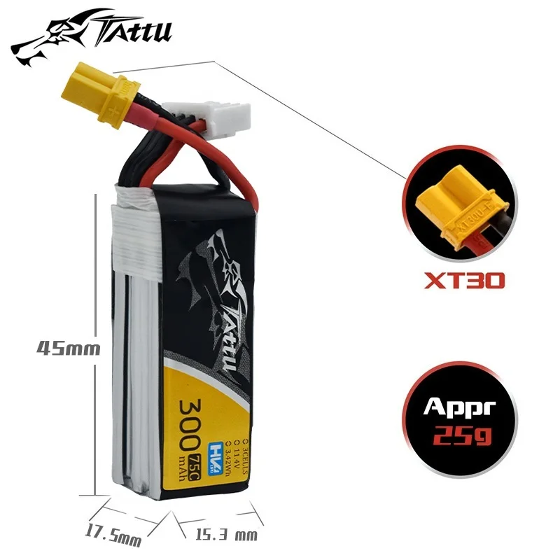 TATTU 300mAh 75C 3S 11.4V Lipo Battery For RC Helicopter Quadcopter FPV Racing Drone Parts 3S Battery With XT30 Plug