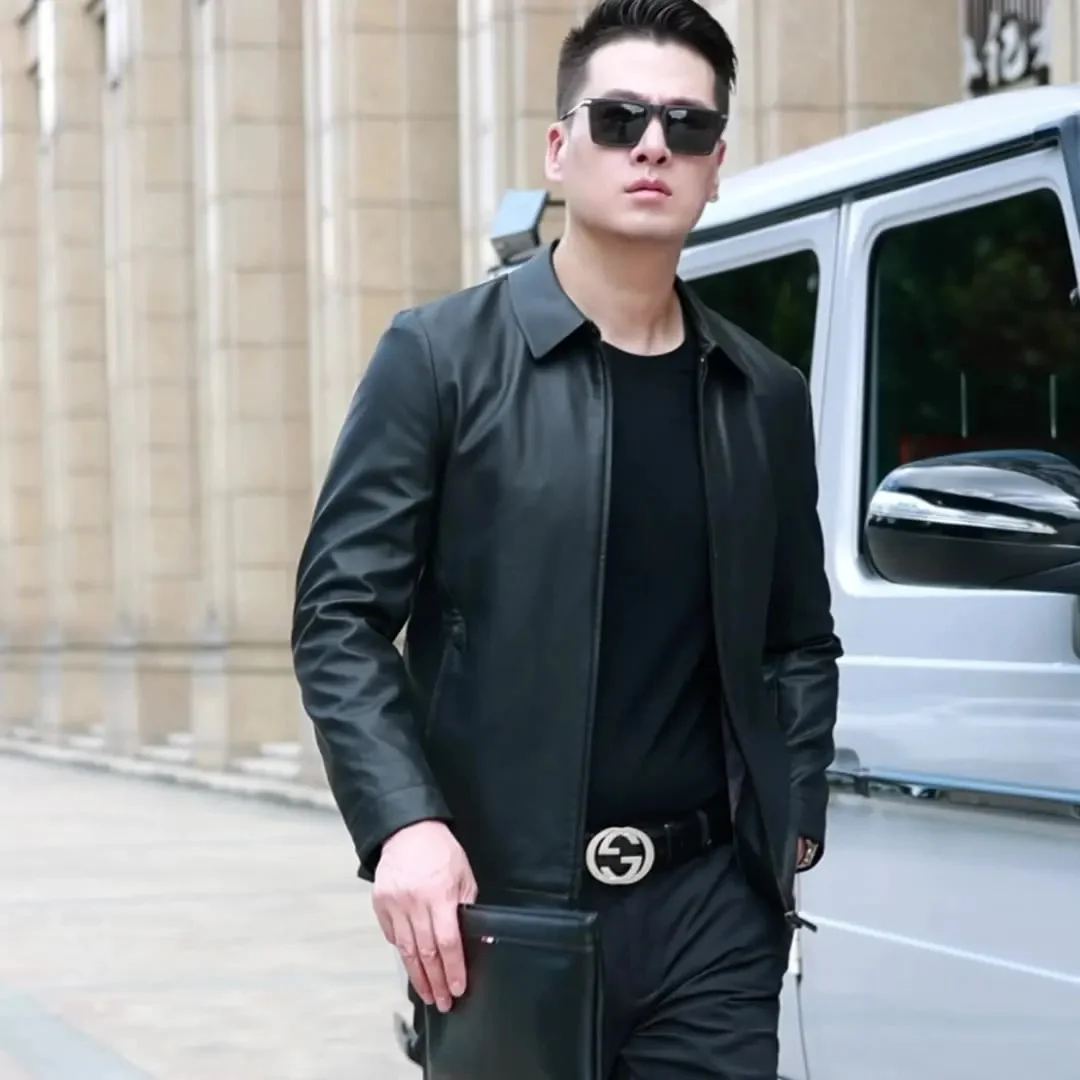 High luxury genuine leather men's jacket high-end sheepskin business casual stand collar plus velvet coat