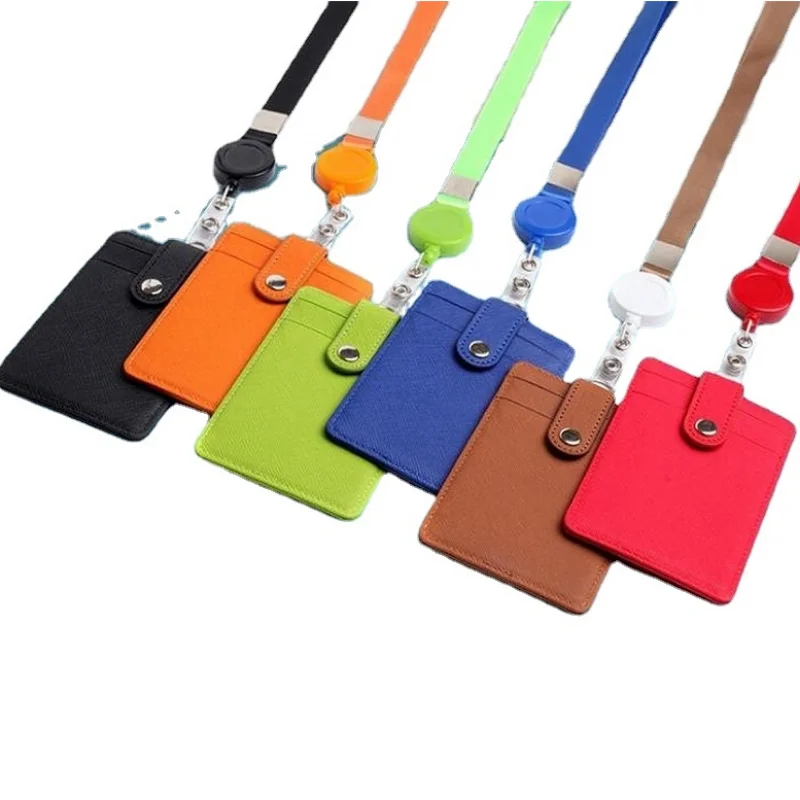 PU Leather Working Permit Case ID Name Badge Holder with Retractable Lanyard Pass Access Work Card Sleeve Cover Card Protector