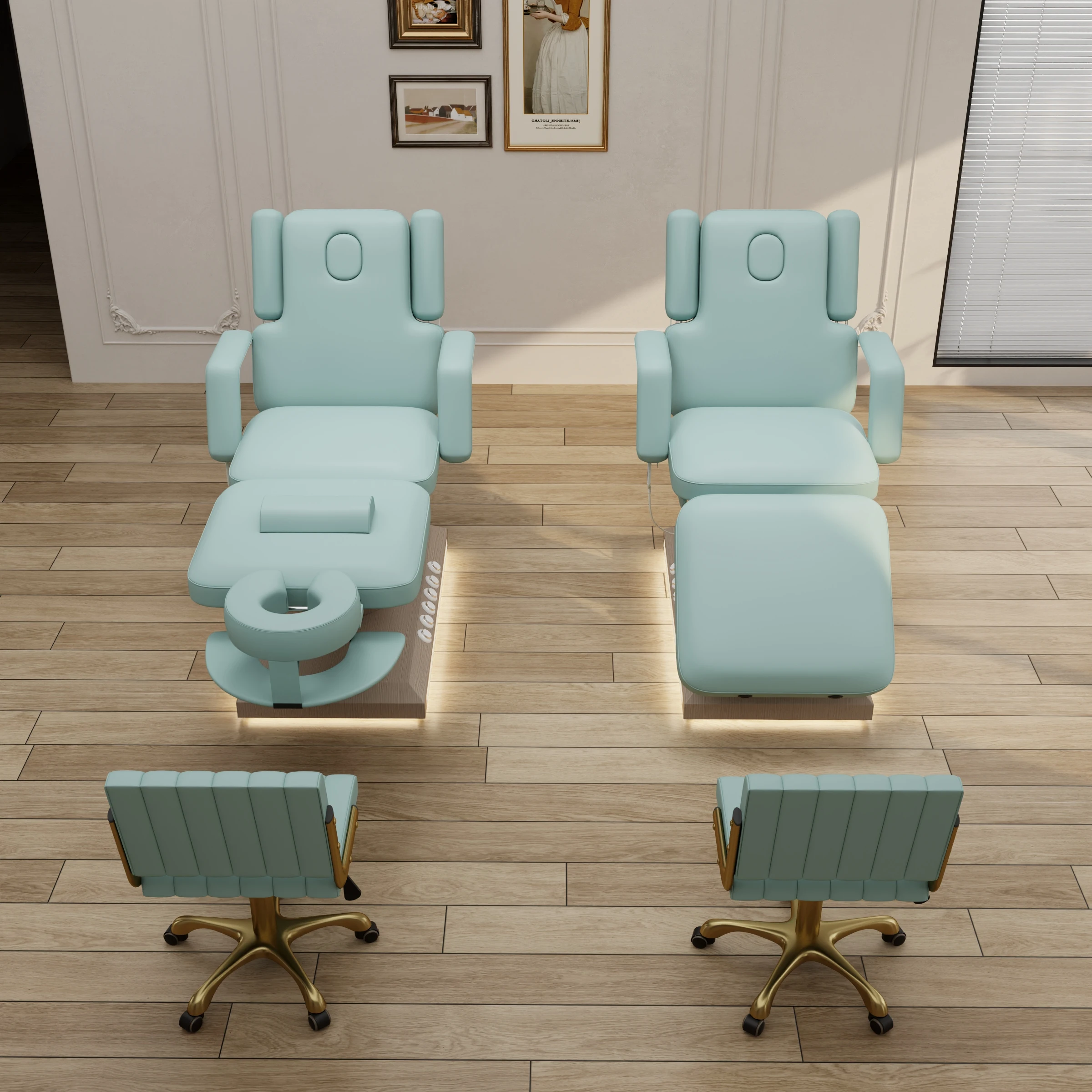 Cama de belleza eléctrica de 3 motores, color verde claro, acero inoxidable más nuevo con mesas y camas de masaje con Control de pies, belleza sa lon