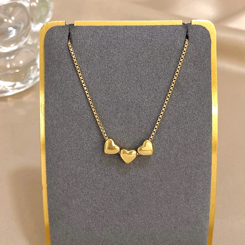 Cute Triple Color Heart Beads Necklace for Women Girls Fashion Gold Plated Stainless Steel Charm Necklaces Waterproof Jewelry