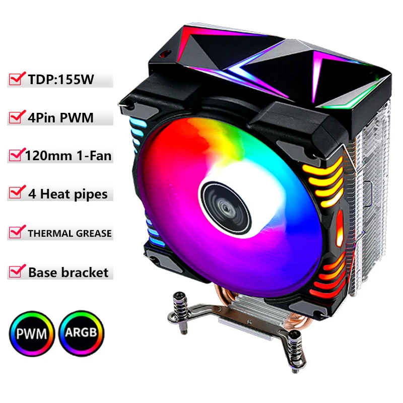 

4 Heat Pipe Radiator Processor CPU Cooler PC ARGB 120mm Fan mute 4Pin/PWM install LGA2011 115x 2066 1200 1366 1700 i5 i7 x79 x99