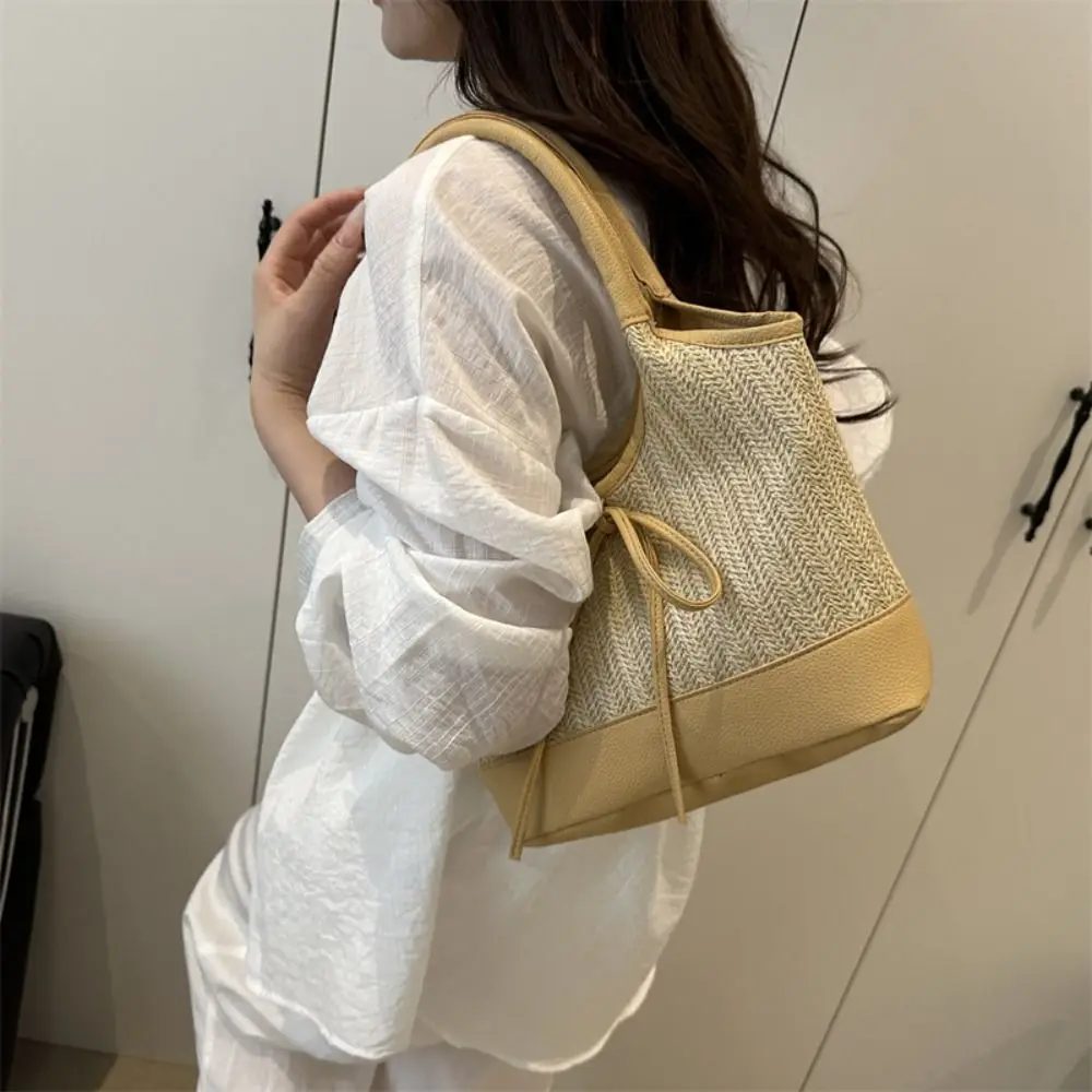 

Korean Bow Tie Weaving Tote Bag Elegant Casual Straw Shoulder Bag Large Capacity Commuting Women's Handbag Girls