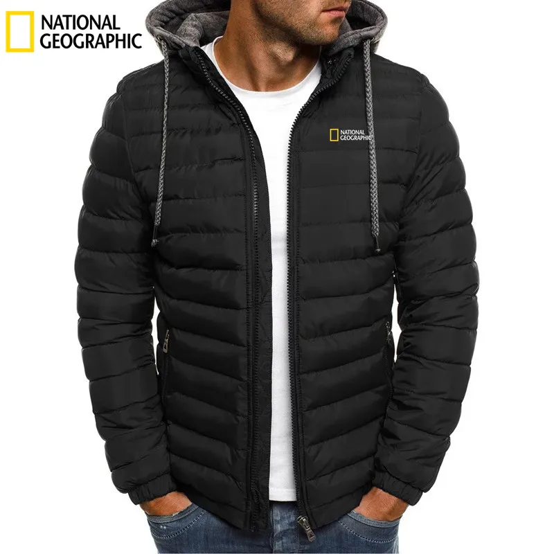 2025 Nuevo abrigo acolchado de algodón para hombre National Geographic para otoño e invierno, abrigo con capucha y cremallera cálido bordado para hombre