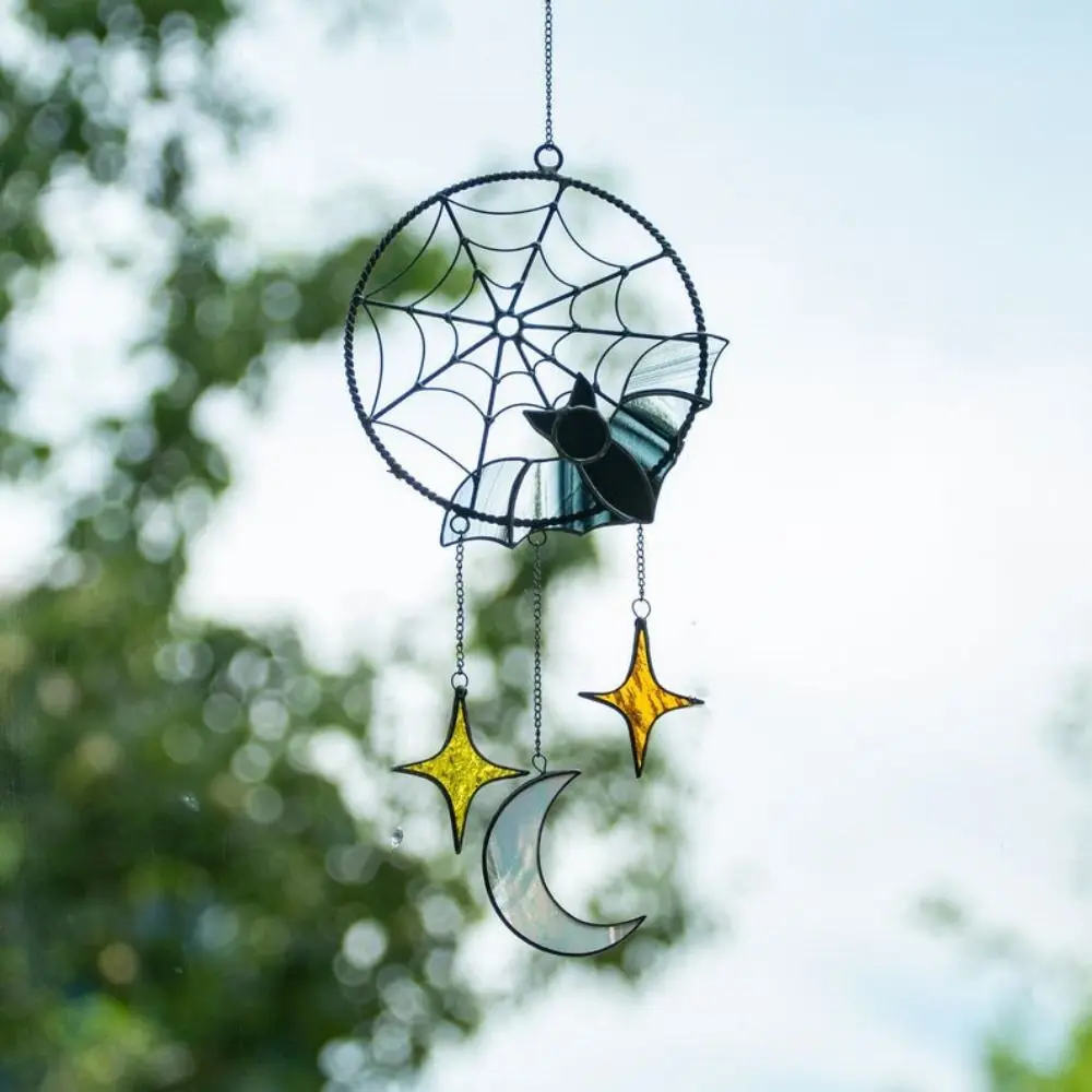 Creative Bat Catching Spider Bat Wind Chimes Colorful Acrylic Spider Wall Pendants Star Moon Yard Hanging Ornament Yard