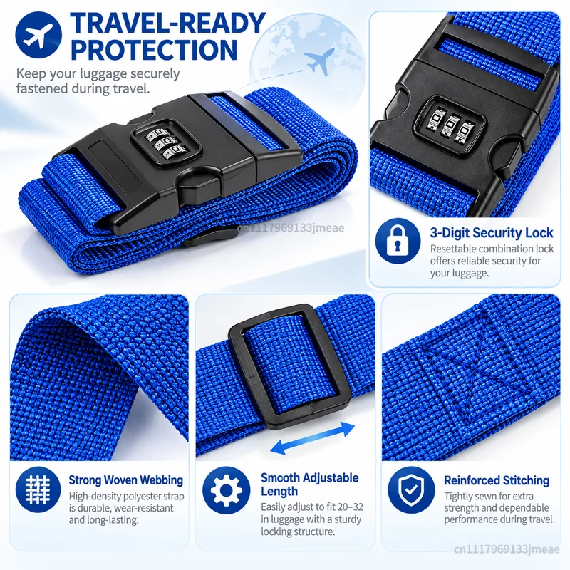 3 Digit Combination Lock Luggage Strap Anti-theft Adjustable Heavy Duty Suitcase Belt Travel Baggage Strap for 20-32 Inch Nylon
