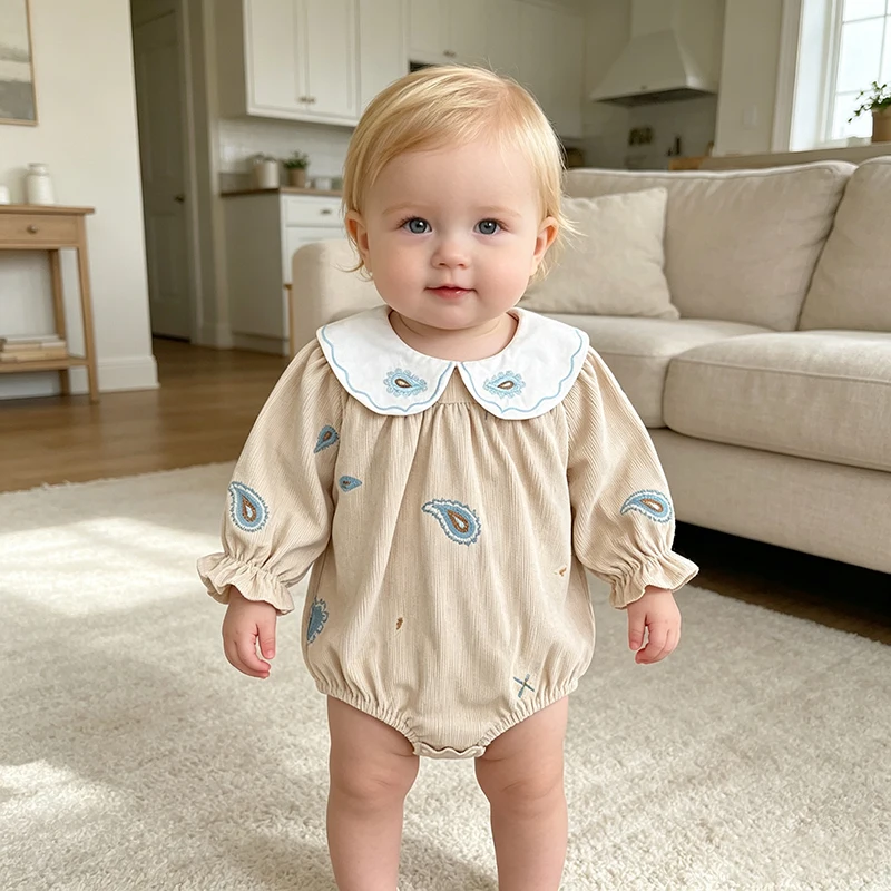 2026 New Baby Girl Corduroy Romper Peter Pan Collar Embroidery Long Sleeve Bubble Bodysuit Infant Fall Outfit Newborn Clothes