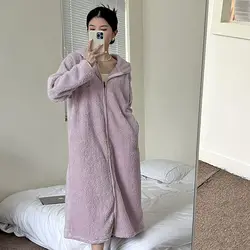 Autumn Winter Warm Coral Flannel Pajamas Robe Hooded Long Nightgown Bathrobe Solid Color Home Sleepwear Soft Loungwear for Women