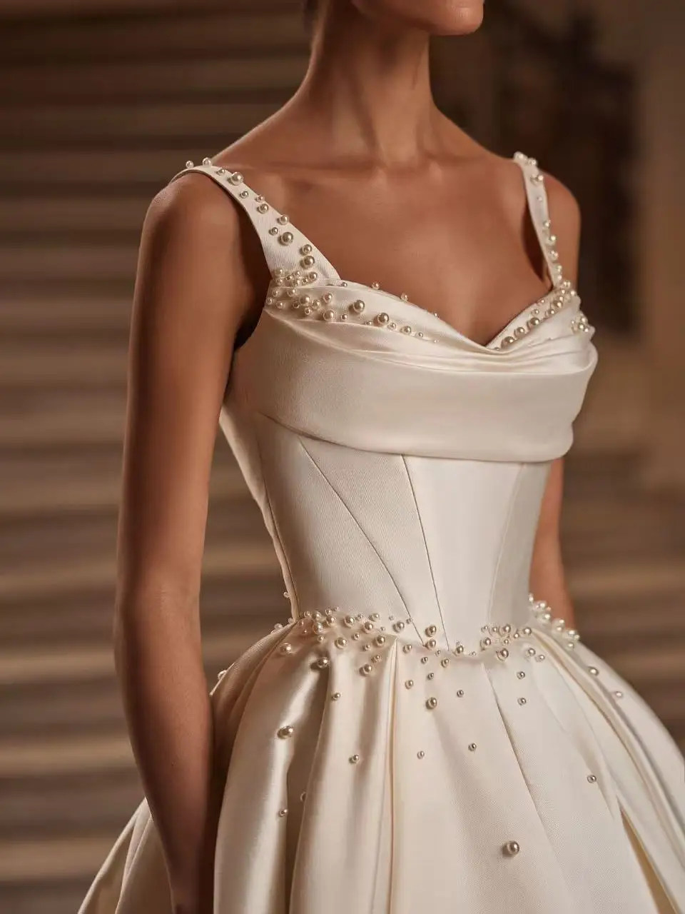 Luxury Satin Wedding Dress Draped Neck Pearl Beaded Ball Gown Bridal Gown With Pockets Cathedral Train Custom Made Elegant Dress
