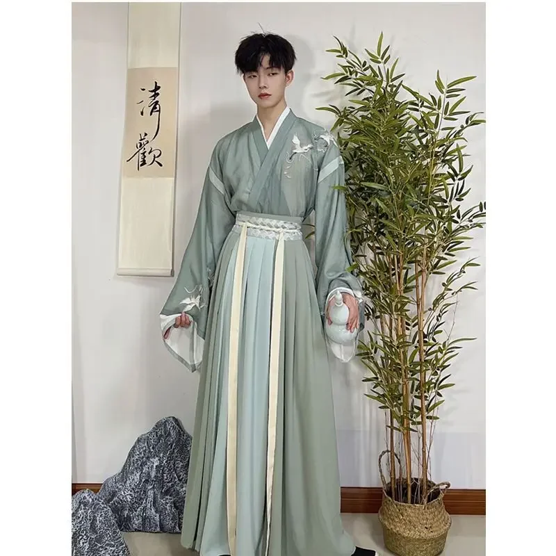 

Autumn WeiJin Dynasties Blue Cross Collared Crane Printed Long Sleeved Hanfu Dresses Suit Men Ancient Swordsman Cosplay Costumes