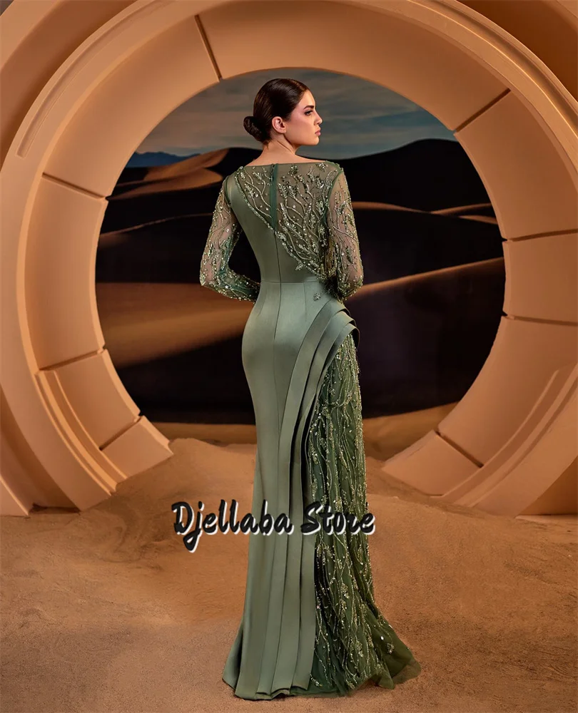 New Green Beads Long Sleeve Saudi Arabia Dress 2025 Elegant Bride Wedding Party Dress Pleat Prom Dress Evening Gown Customized image 2