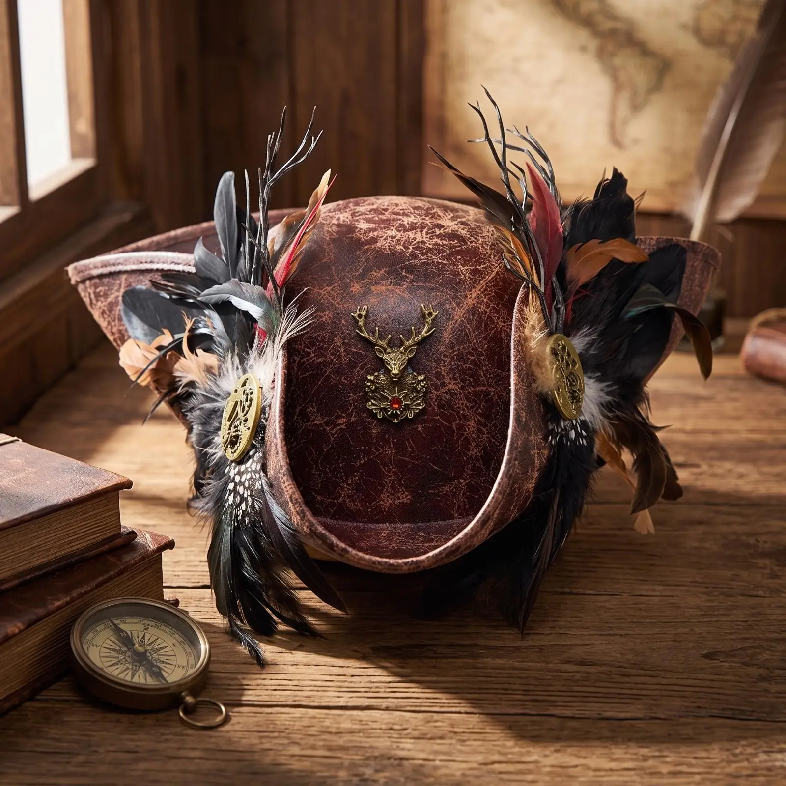 Chapeau tricorne avec plumes, en cuir vieilli, pour cosplay.