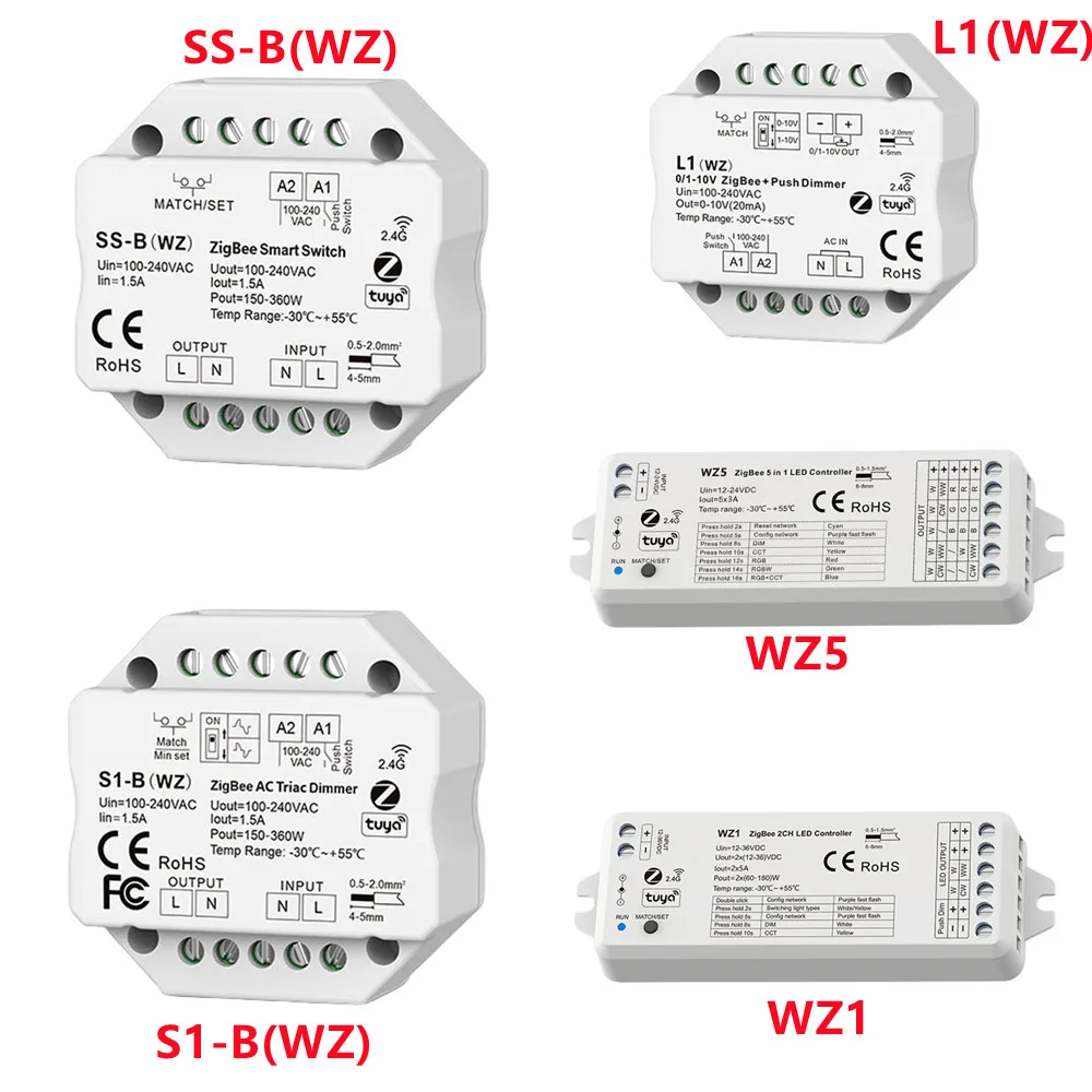 

Wi-Fi-контроллер 5 в 1 RF Zigbee Series (Tuya) 2,4G APP remote для RGB, RGBW, RGB + CCT, цветовой температуры или одноцветной ленты