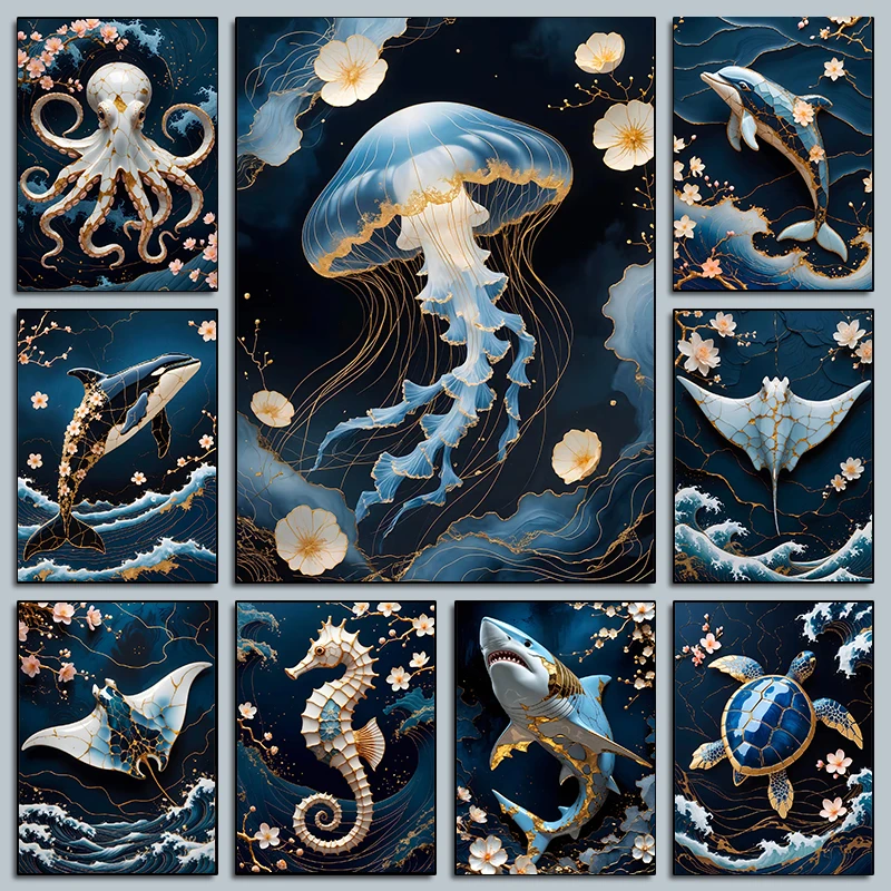 (2D Canvas Painting) Marine Animals Beautiful Abstract Posters Octopus Seahorse Blue Whale Prints Canvas Painting Wall Pictur