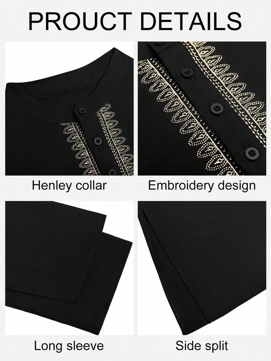 

Mens Henley Collar Kaftan Thobe Long Sleeve Embroidered Robe Casual Shirt
