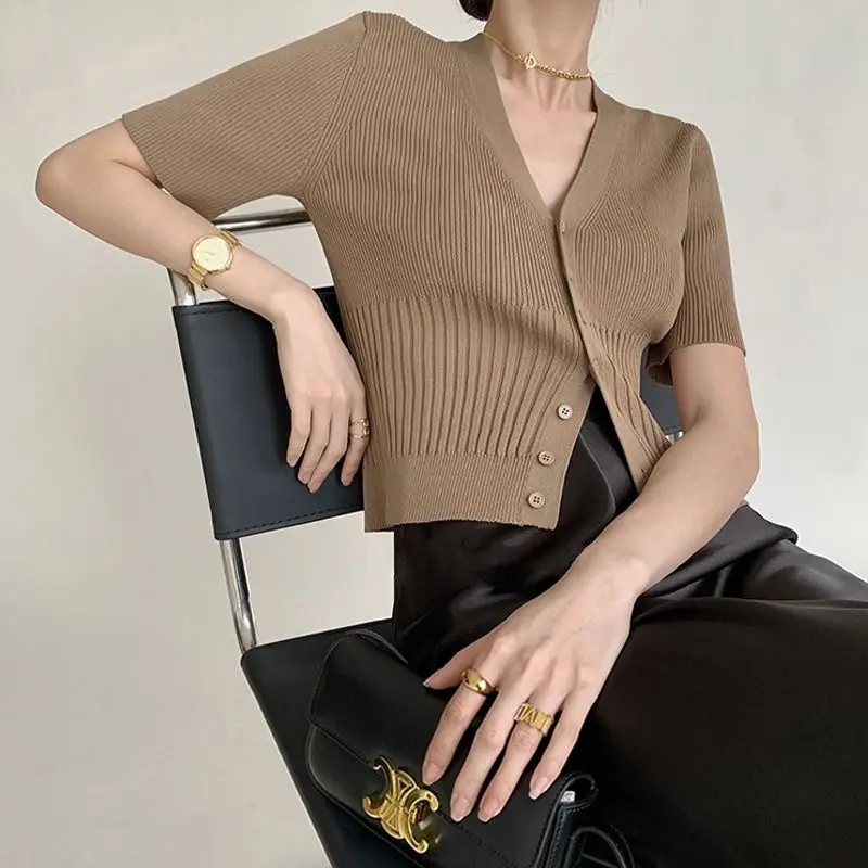 

Blouse T-shirt Women's Summer Knit Cardigan Designer V-neck Slim-fit Thin Short-sleeved Trendy Cropped Premium New Comfortable