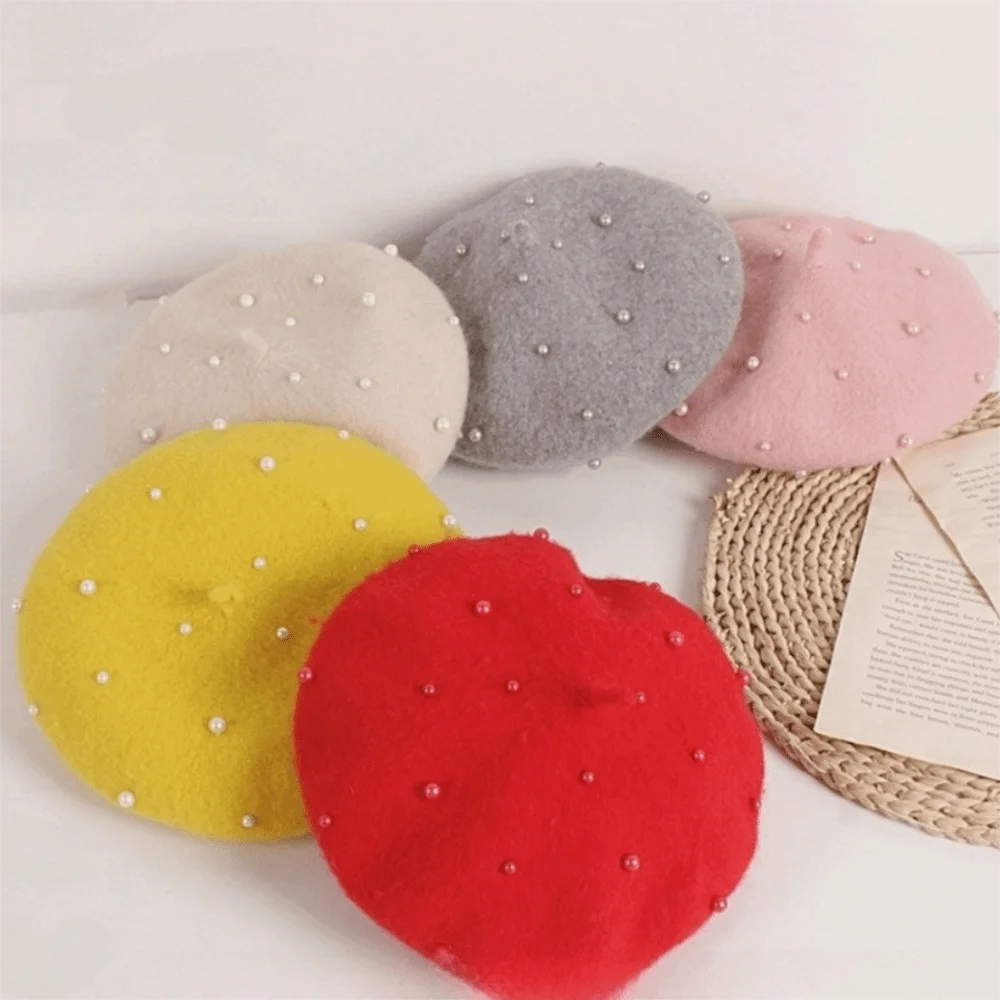 

Fashion Pearl Children's Beret Woolen Warm Baby Wool Hat Thicken Solid Color Painter Hat Kid