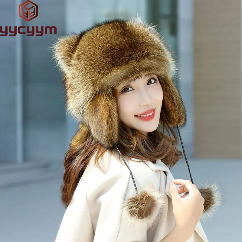 

Lady Real Raccoon Fur Cap Tail Women Natural Raccoon Fur Caps Ushanka Hats for Winter Thick Warm Ears Fashion Bomber Pom Pom Hat