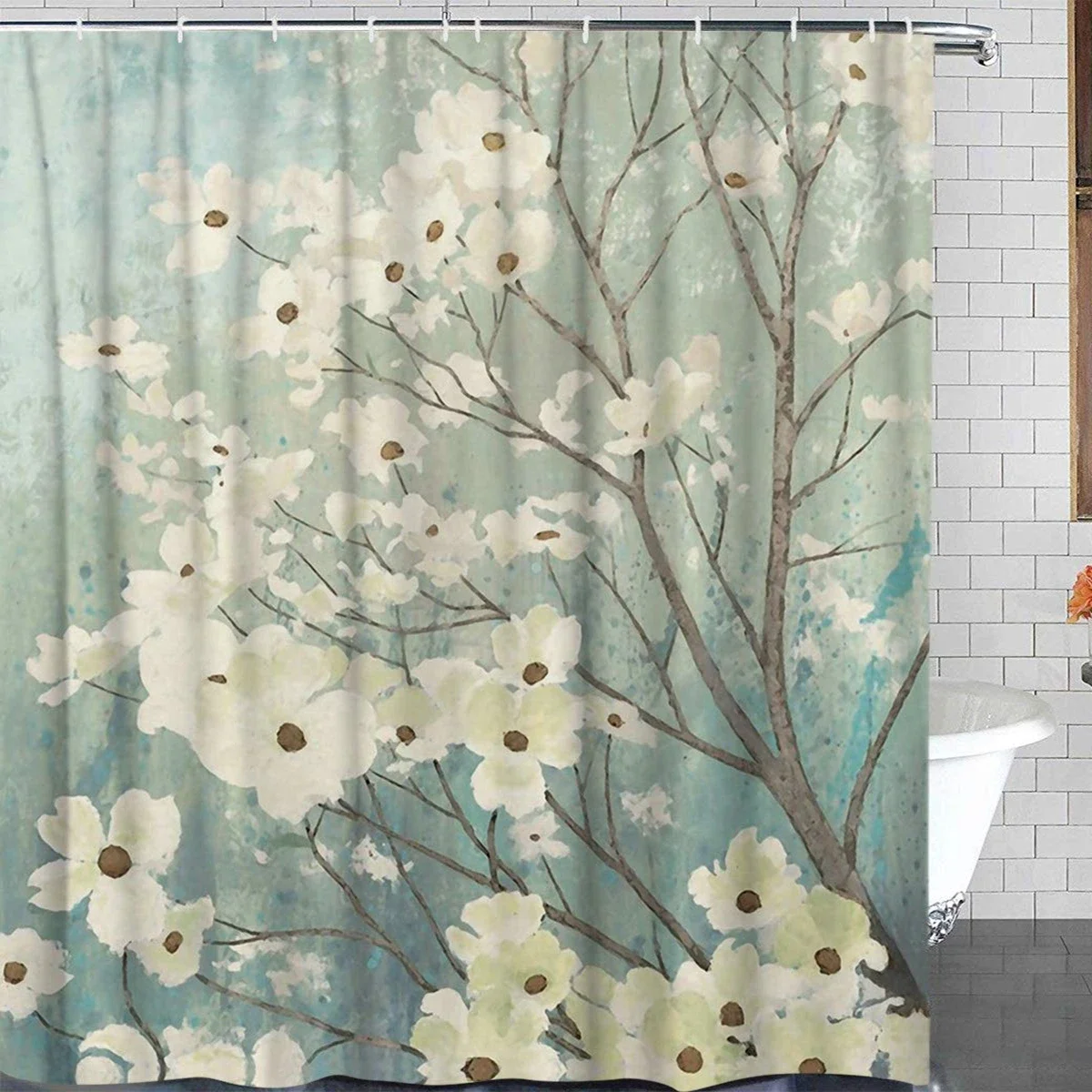 Flowering Dogwood Blossoms Shower Curtain, White Floral Simplicity Polyester Designer Waterproof Cloth Fabric Bathroom Curtains