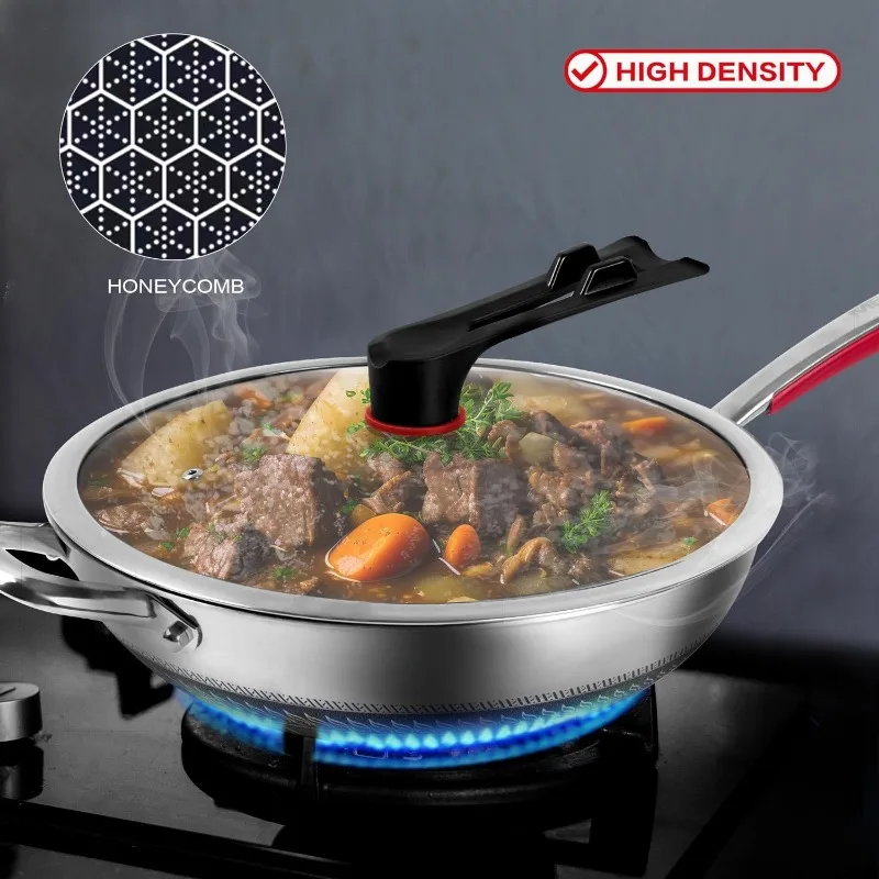 12.6 inch stainless steel nonstick wok pan with lid,stir fry honeycomb wok,cooking wok skillet