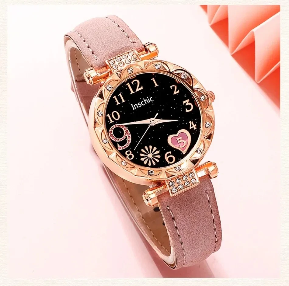 Ladies\' Fashion Quartz Watch Luxury Pink Leather Strap Simulated Watch Ladies\' Watch Women\'s Dress Bracelet Set Clock