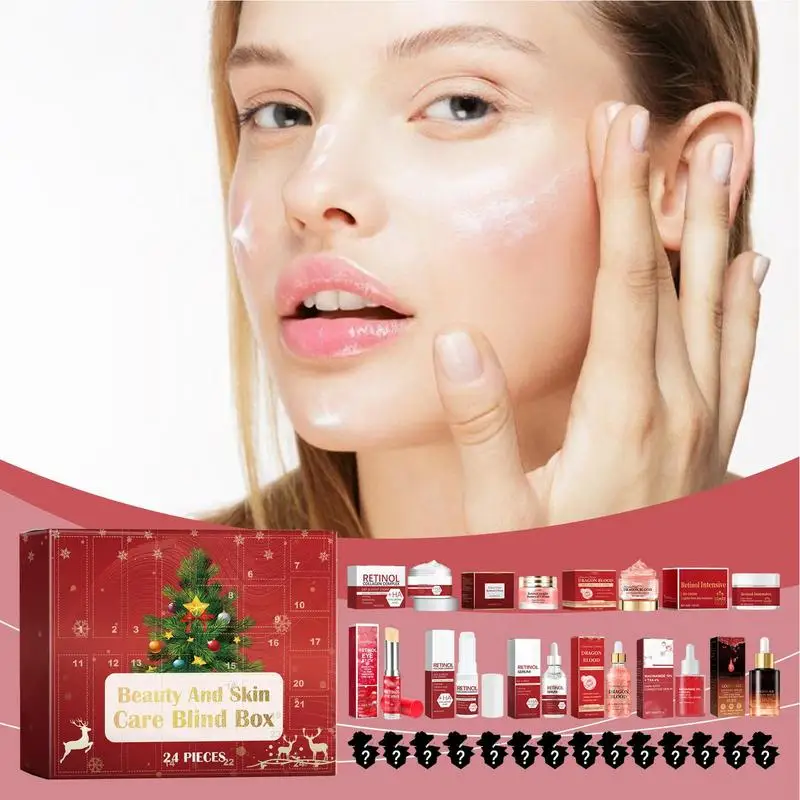 Calendario de Adviento para niñas, juego de maquillaje de 24 piezas, productos de cuidado de la piel, calendario de cuenta regresiva de Navidad, crema facial de retinol, suero, bálsamo labial