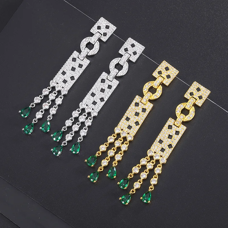 

Water Droplet Tassel Earrings for Women 2022 Luxury Emerald Gemstone Gold Leopard Jewelry Fashion Piercing Wedding Festive Gift