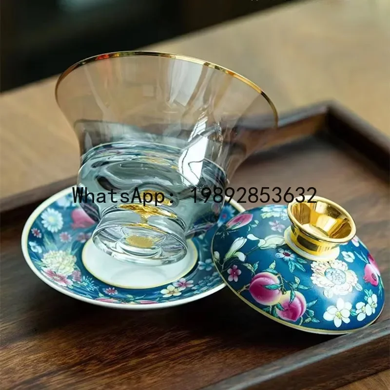 

i5.11 enamel color Sancai glass cover bowl ceramic gold crystal tea bowl tea set gift order