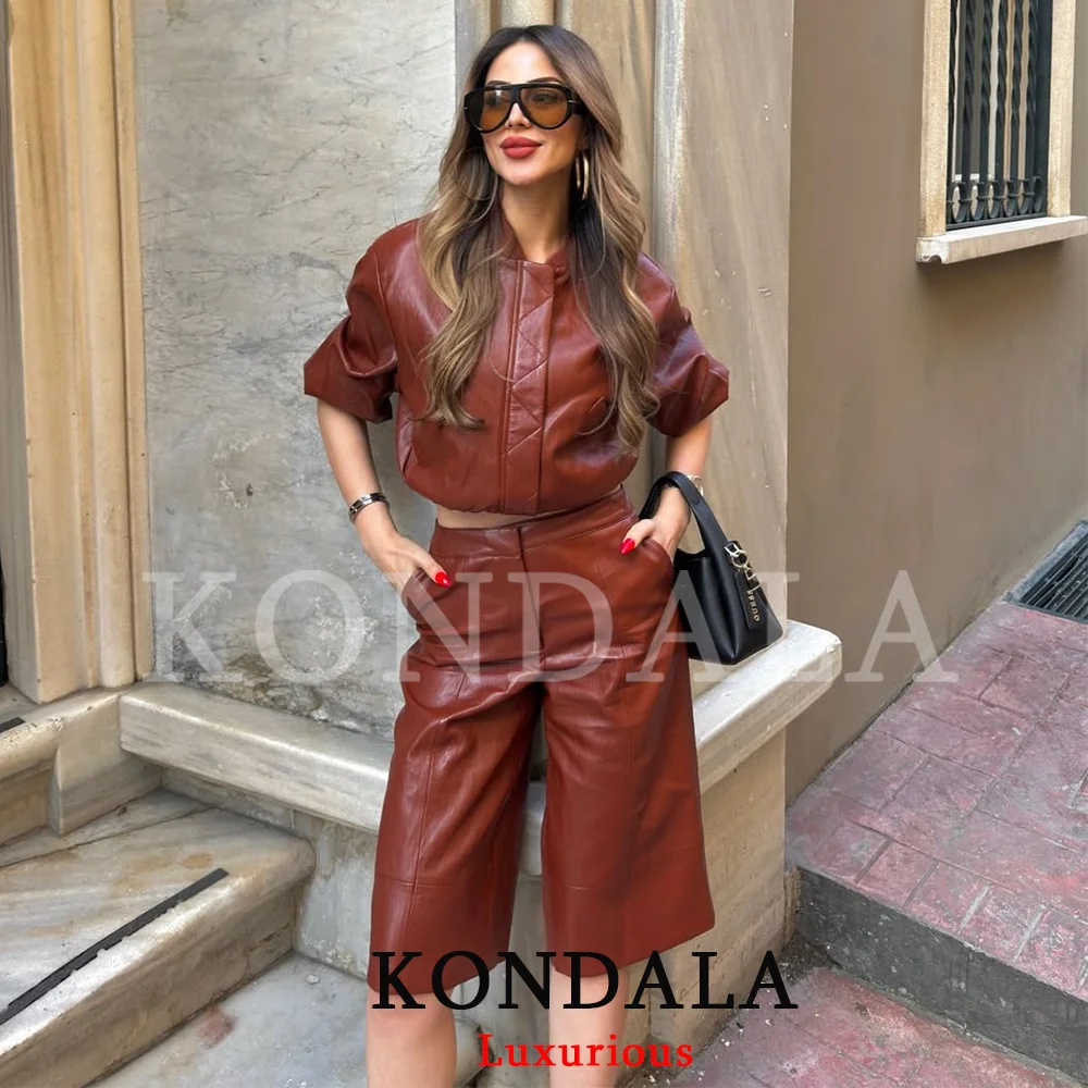 KONDALA Casual Chic Women Shorts Suit Solid Zipper Pockets Top Straight Shorts Button Mini Skir Fashion 2026 Spring Summer Suit