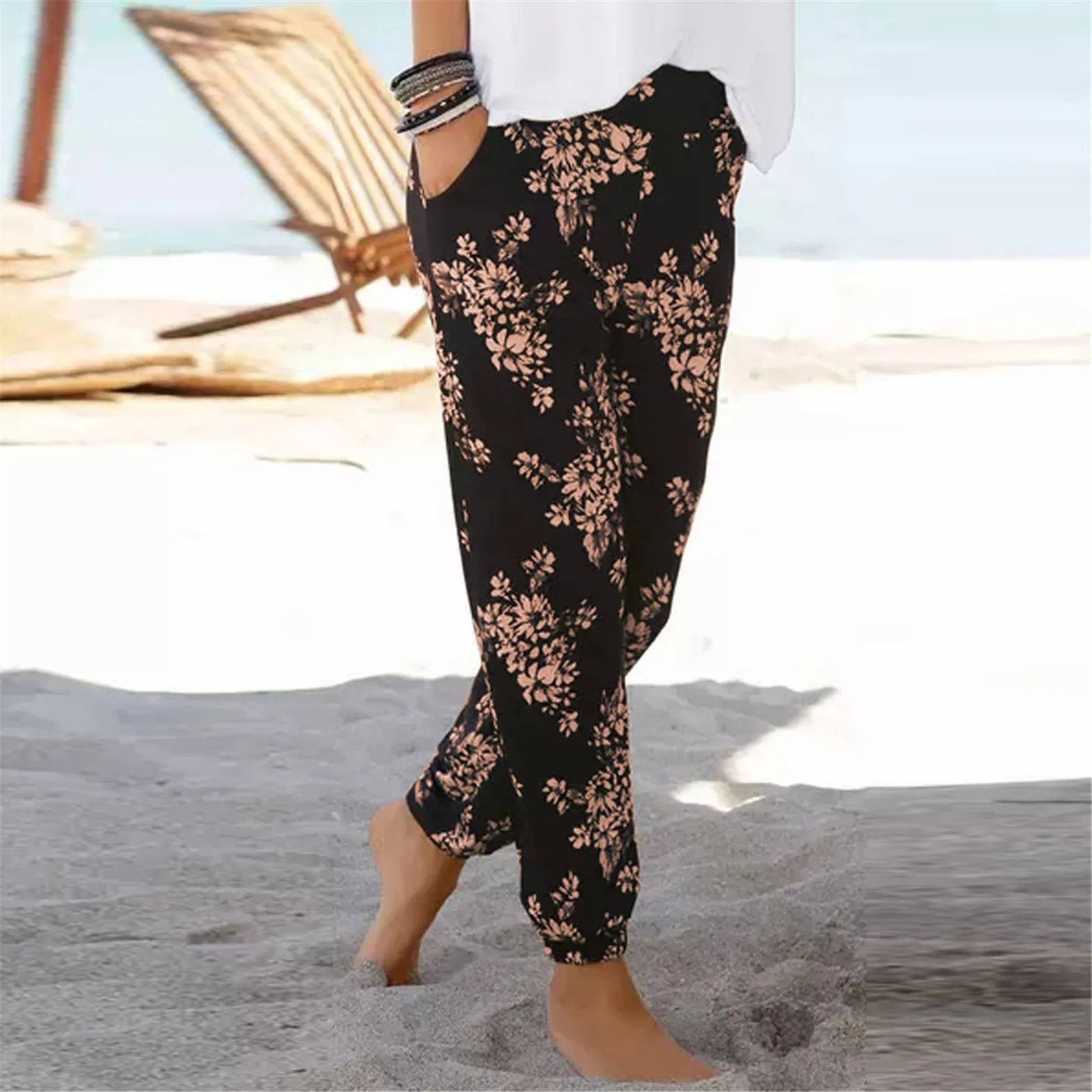 

Vintage Women High Waist Printing Easy Trousers Long Pants Boho Beach Pockets Pants Summer Casual Loose Women Pockets High Pants