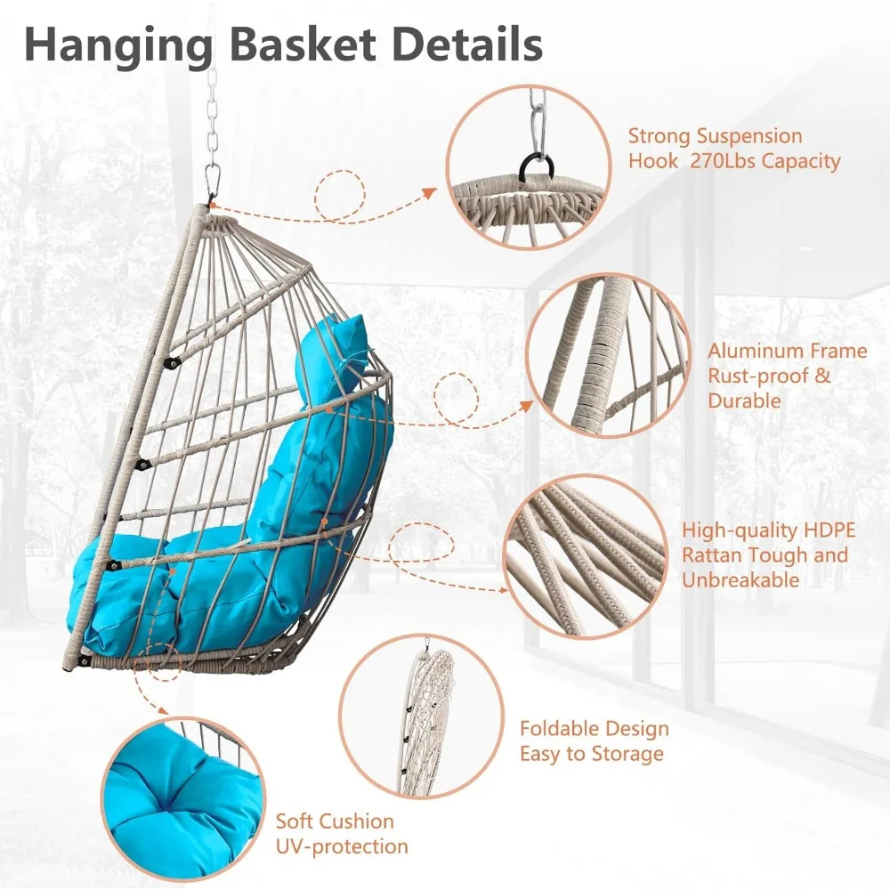 كرسي أرجوحة على شكل بيضة خارجي قابل للطي مع إطار من الروطان عالي الدقة وإطار من الألومنيوم، وسادة محمية من الأشعة فوق البنفسجية، بدون حامل متضمن
