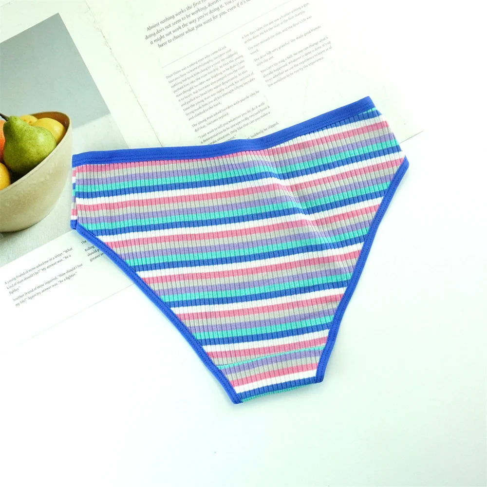 3dílné duhové pruhované dámské žebrované bavlněné kalhotky s nízkým pasem, dívčí pohodlné kalhotky, dvouvrstvé bavlněné rozkrokové bikiny - náhled 4