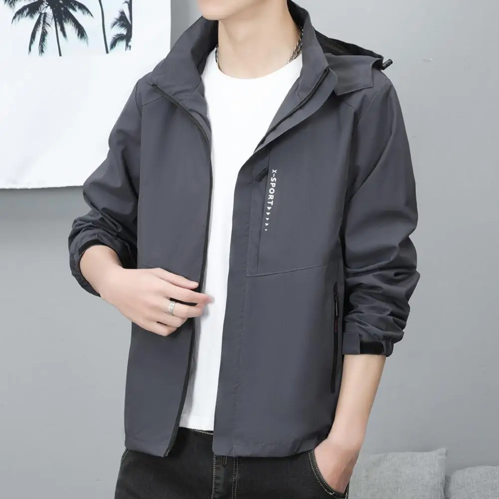 Scratch-resistant Jacket Men's Outdoor Trench Jacket with Stand Collar Hood Zipper Closure Windproof Scratch-resistant Coat Made