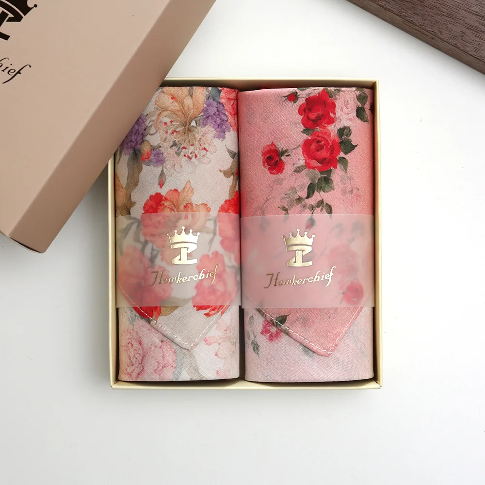 34cm Combed Cotton Women Handkerchief Gift Box, Thin Soft Vintage Floral Printed Hanky Wedding Guest Souvenir Favor