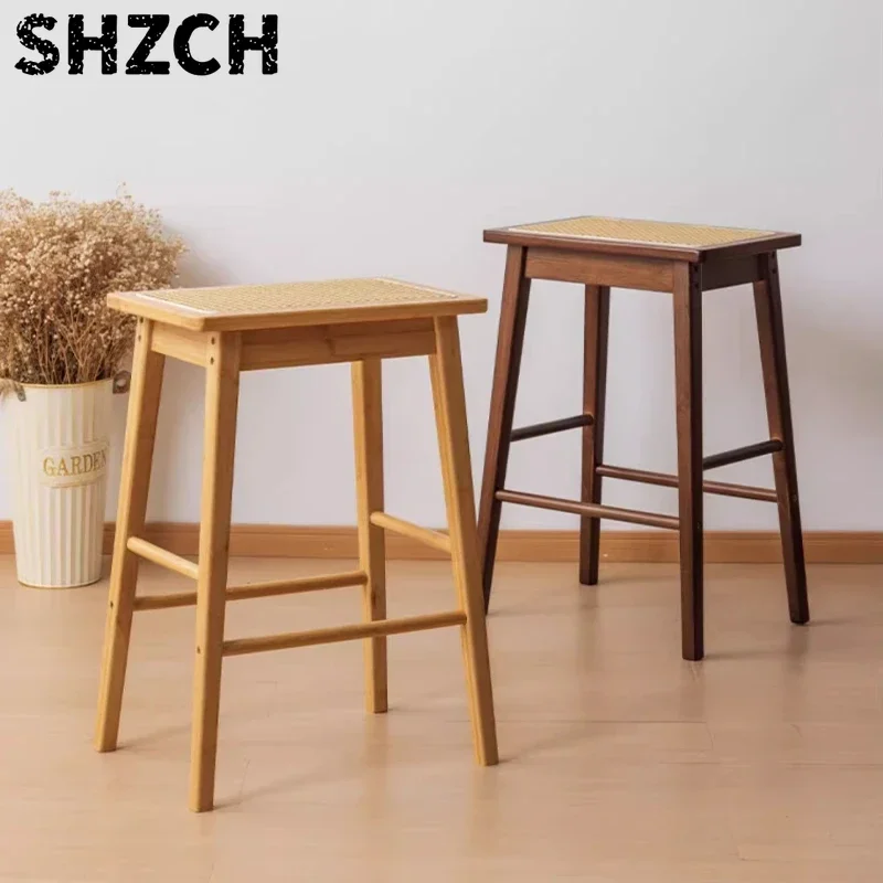 Imitation Rattan Bar Stool for Kitchen Thickened Bamboo Counter Height Chair Minimalist Dining Bench Small Square Stool for Home
