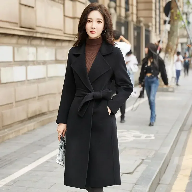

2025 NEW Plus Size Women's Knee-Length Woolen Coat Slim-Fit Dress Coat Belted High-End Beige Green Black Large Size Outerwear