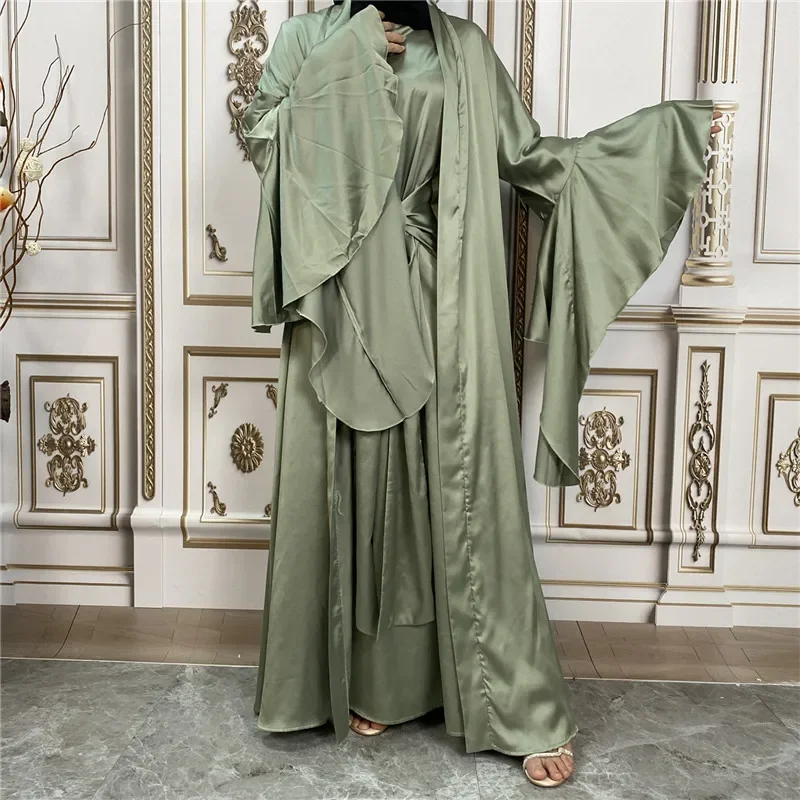 2-teiliges Set Satin Open Abaya Kimono Cardigan Damen Muslimisches Kleid mit Gürtel Eid Ramadan Jalabiya Passende Outfits Dubai Kaftan Robe