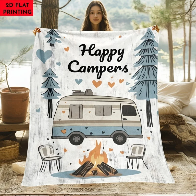 Newest Blanket Happy Campers RV Forest Print Flannel Blanket Camping Theme Soft Warm Travel Sofa Throw Blanket