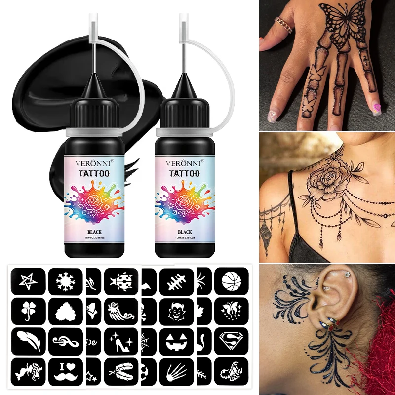Temporary Tattoo Gel Kit, Semi‑Permanent Tattoo Ink with Tattoo Stencils, Waterproof Fake Tattoo Paste for DIY Body Art Drawing