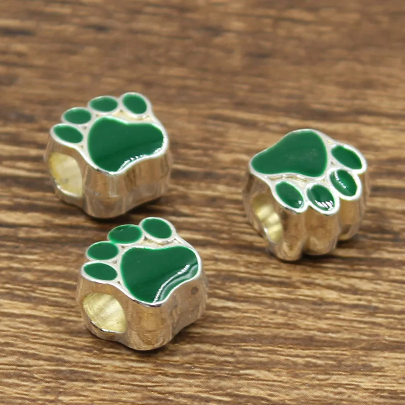 6pcs 11x7x11mm Dog Bear Cat Paw 5mm Big Hole Bead Charm Fits Bright Silver Color Drop Oil Fit European Bracelets Wholesale