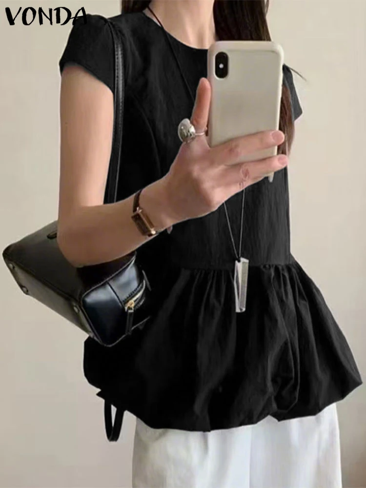 

VONDA Fashion Tops Women Blouse 2025 Summer Casual Ruffled Solid Color O Neck Short Sleeve Loose Tunic Oversized Korean Blusas
