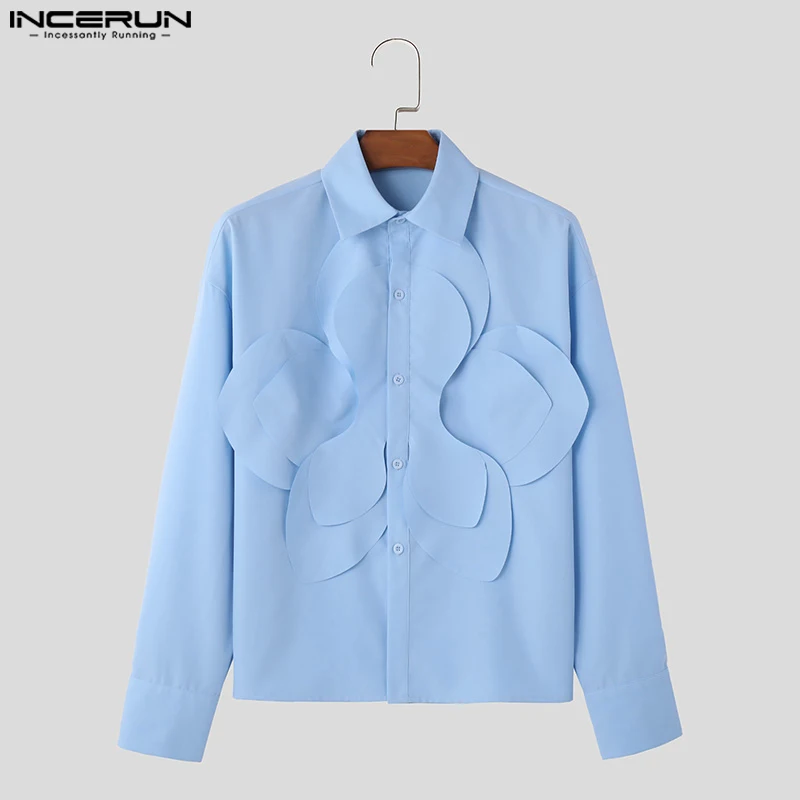 INCERUN Tops 2024 American Style New Mens Personality Layered Flower Design Shirts Handsome Male Solid Long Sleeved Blouse S-5XL